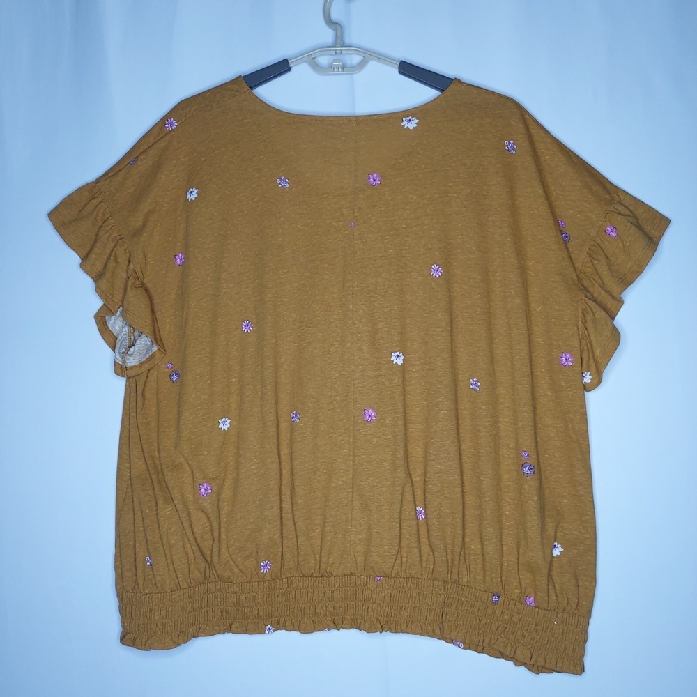 Sonoma Retro Floral Top Women 4X Gold Knit Ruffle Flutter Smocked - Picture 2 of 7